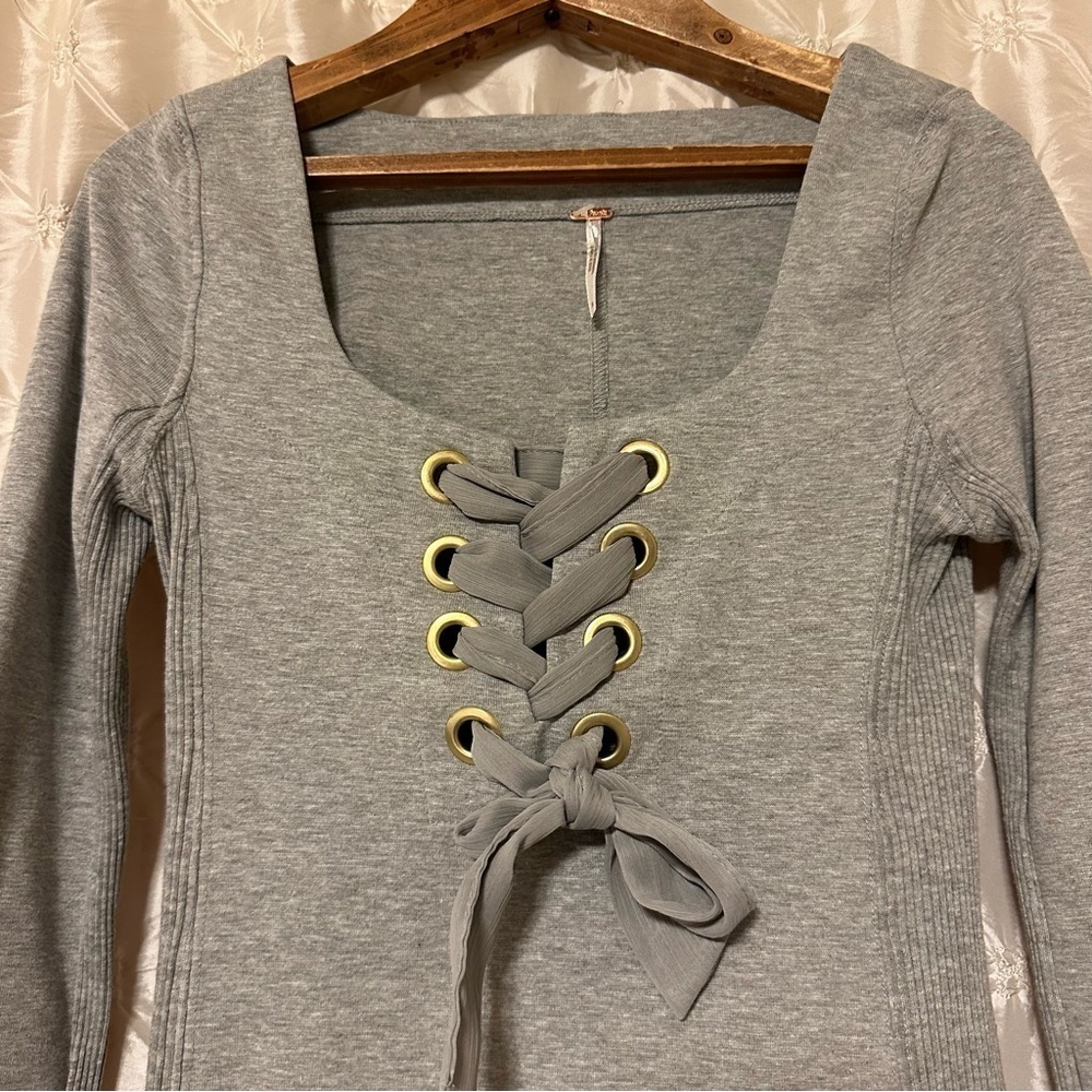 Free People Dove Gray Looking Back Lace Up Long Sleeve Top - Picture 5 of 16